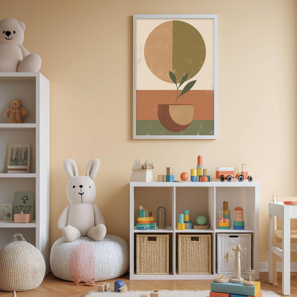 A cozy and colorful children's bedroom with a large stuffed rabbit, a bookshelf, and a toy storage unit filled with toys and books.
