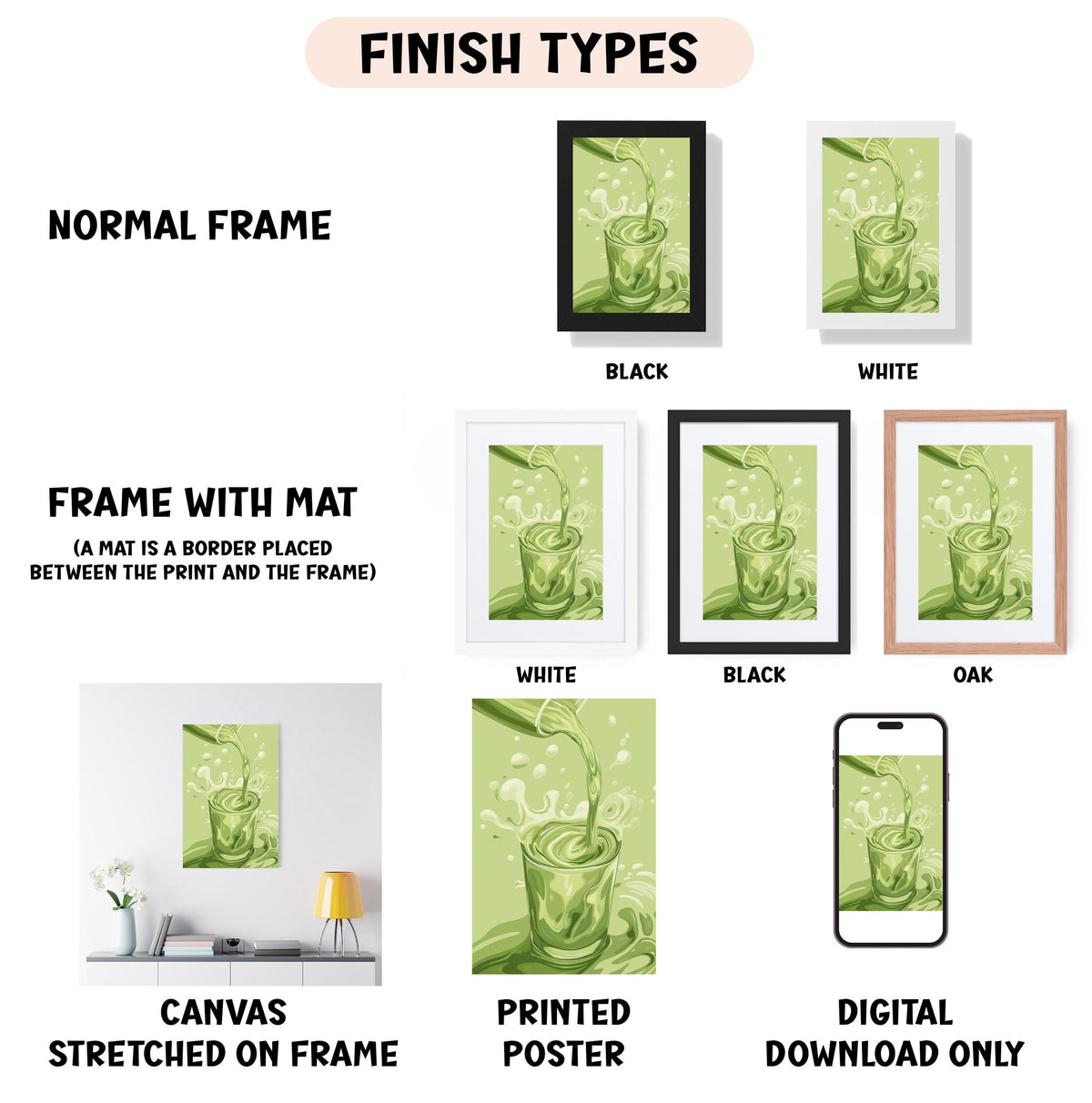 various types of artwork, including a normal frame, a frame with a mat, a white frame, a black frame, an oak frame, a white canvas stretched on a frame, a printed poster, and a digital download only.
