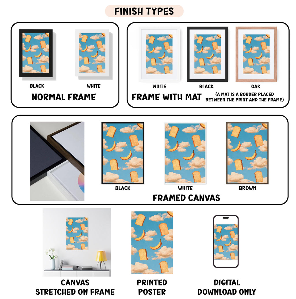 various finish types for framed artwork, including black, white, black and white, black and white with a mat, white, black, white, black, white, black, white, black, white, brown, framed canvas, and digital download only.