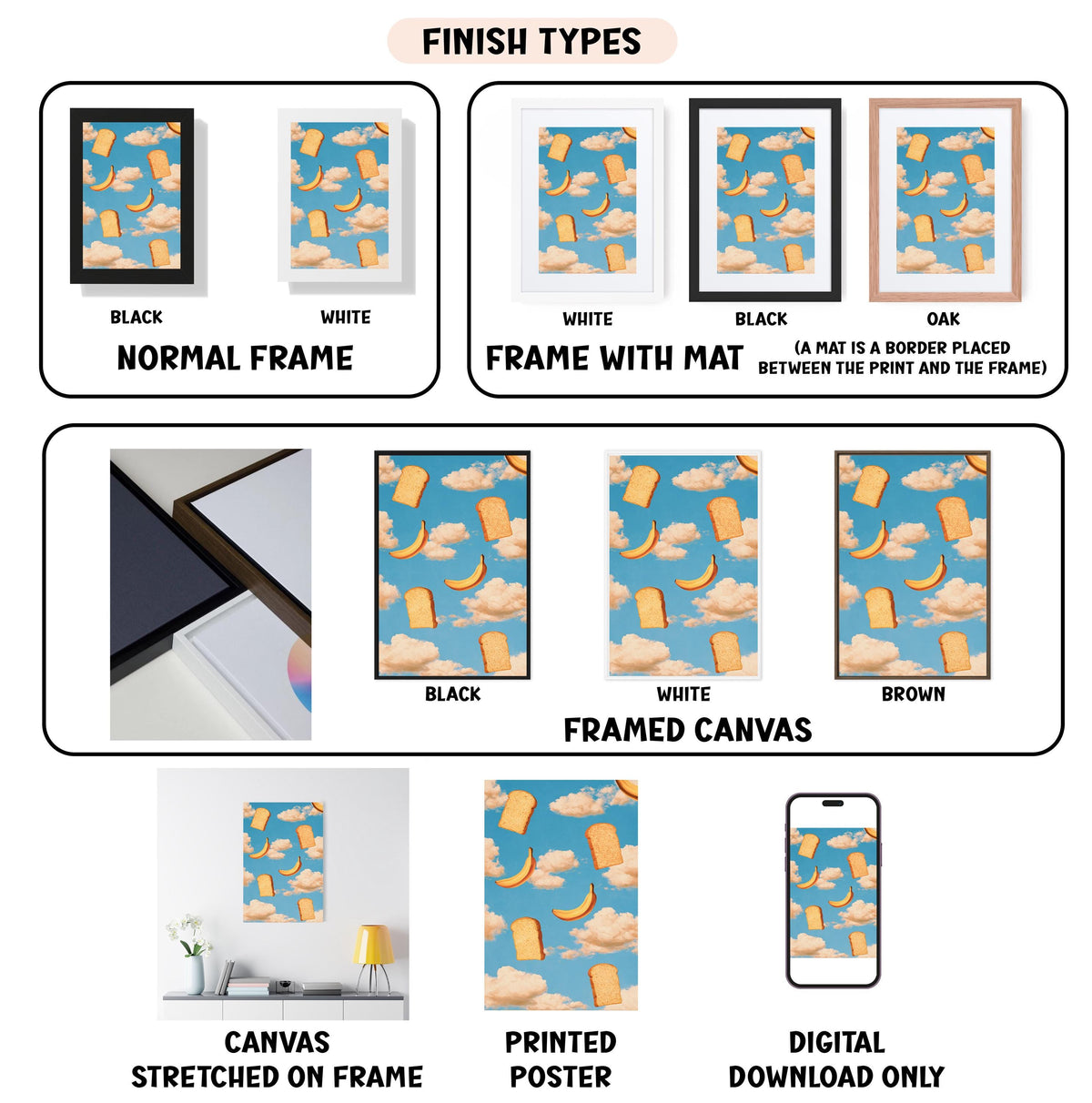 various finish types for framed artwork, including black, white, black and white, black and white with a mat, white, black, white, black, white, black, white, black, white, brown, framed canvas, and digital download only.
