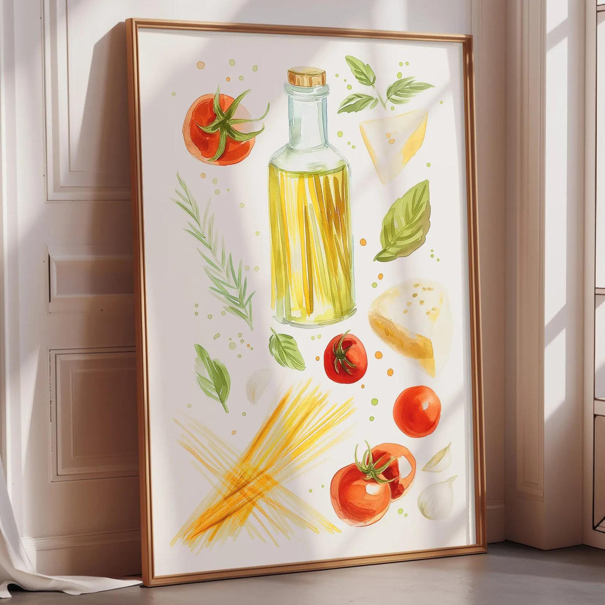 A framed watercolor painting depicting various food items, including tomatoes, pasta, and a bottle of oil, set against a white background.