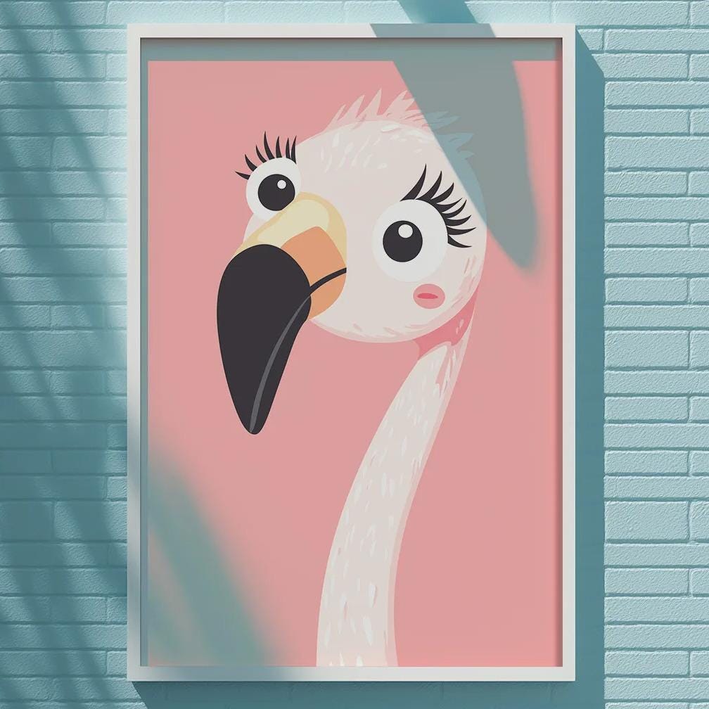 A framed illustration of a pink flamingo is displayed on a blue wall, with a white light fixture above it.