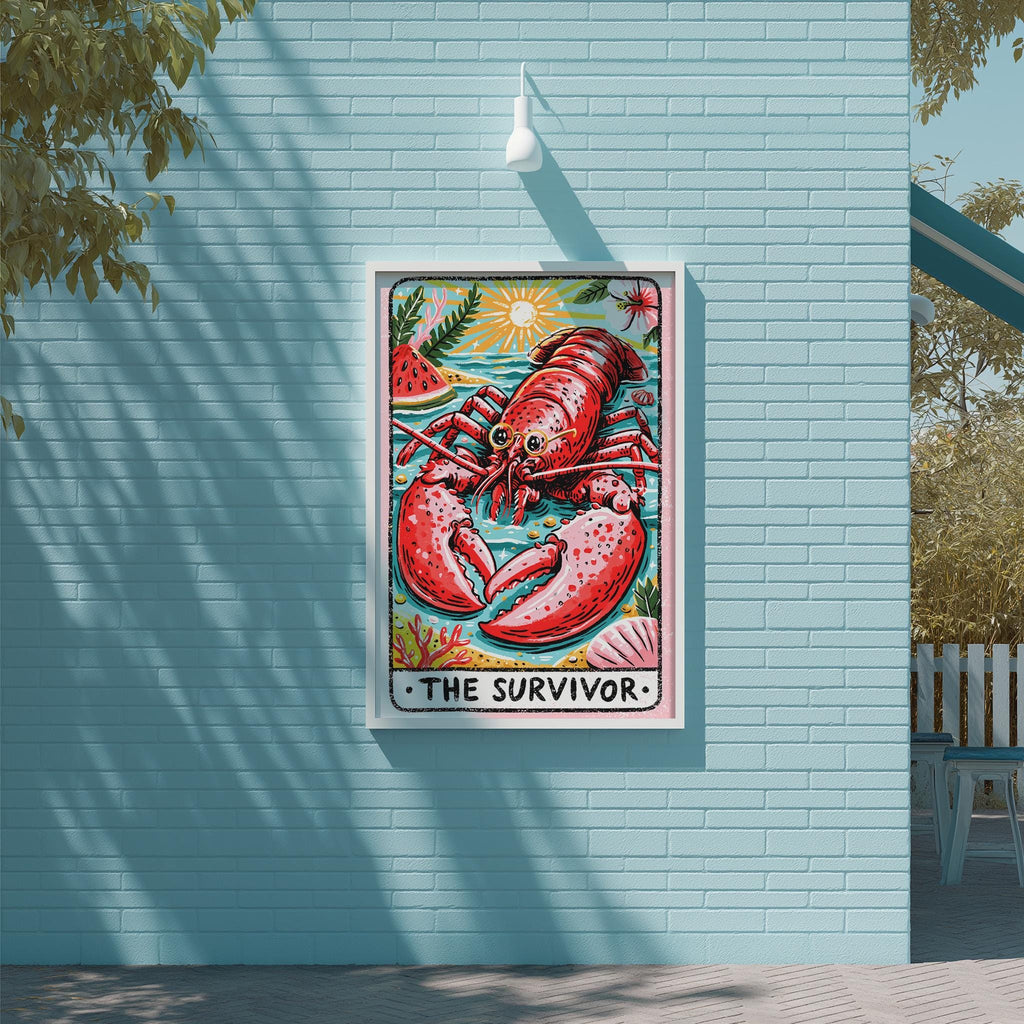 A framed illustration of a lobster is displayed on a blue wall, with the text "THE SURVIVOR" below the lobster.