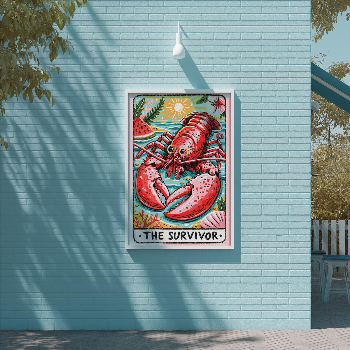 A framed illustration of a lobster is displayed on a blue wall, with the text "THE SURVIVOR" below the lobster.