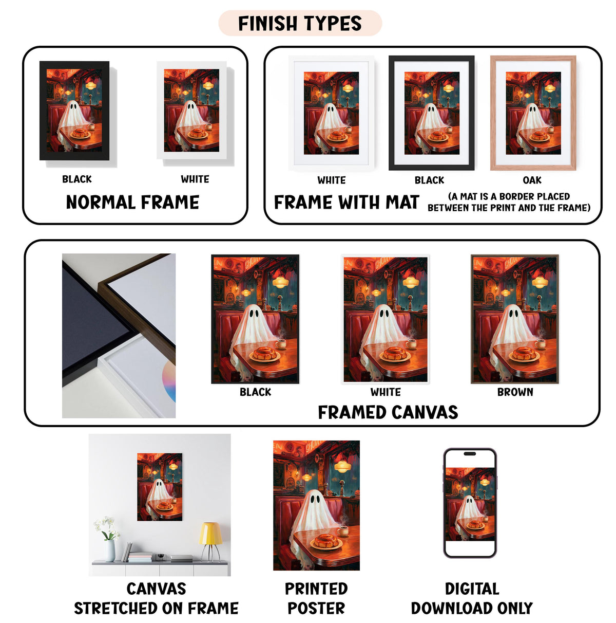 various images of a ghost in different frames and types, including a canvas, a framed canvas, a stretched canvas, a printed poster, and a digital download.