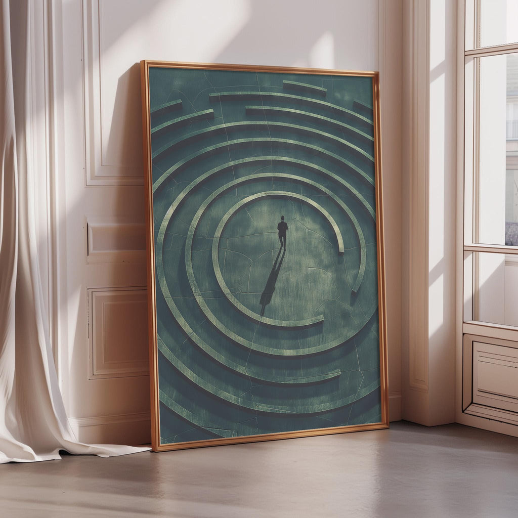 a large, framed artwork depicting a person walking through a spiral maze.