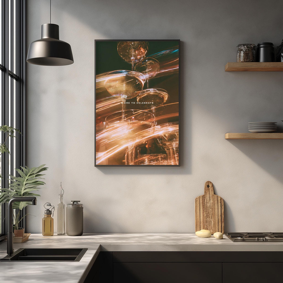 a modern kitchen with a large framed artwork hanging on the wall above a countertop. The artwork displays a vibrant abstract design with orange and yellow hues, creating a warm and inviting atmosphere. The kitchen countertop has various items, including a cutting board, a bottle, and a vase, adding to the overall aesthetic of the space.