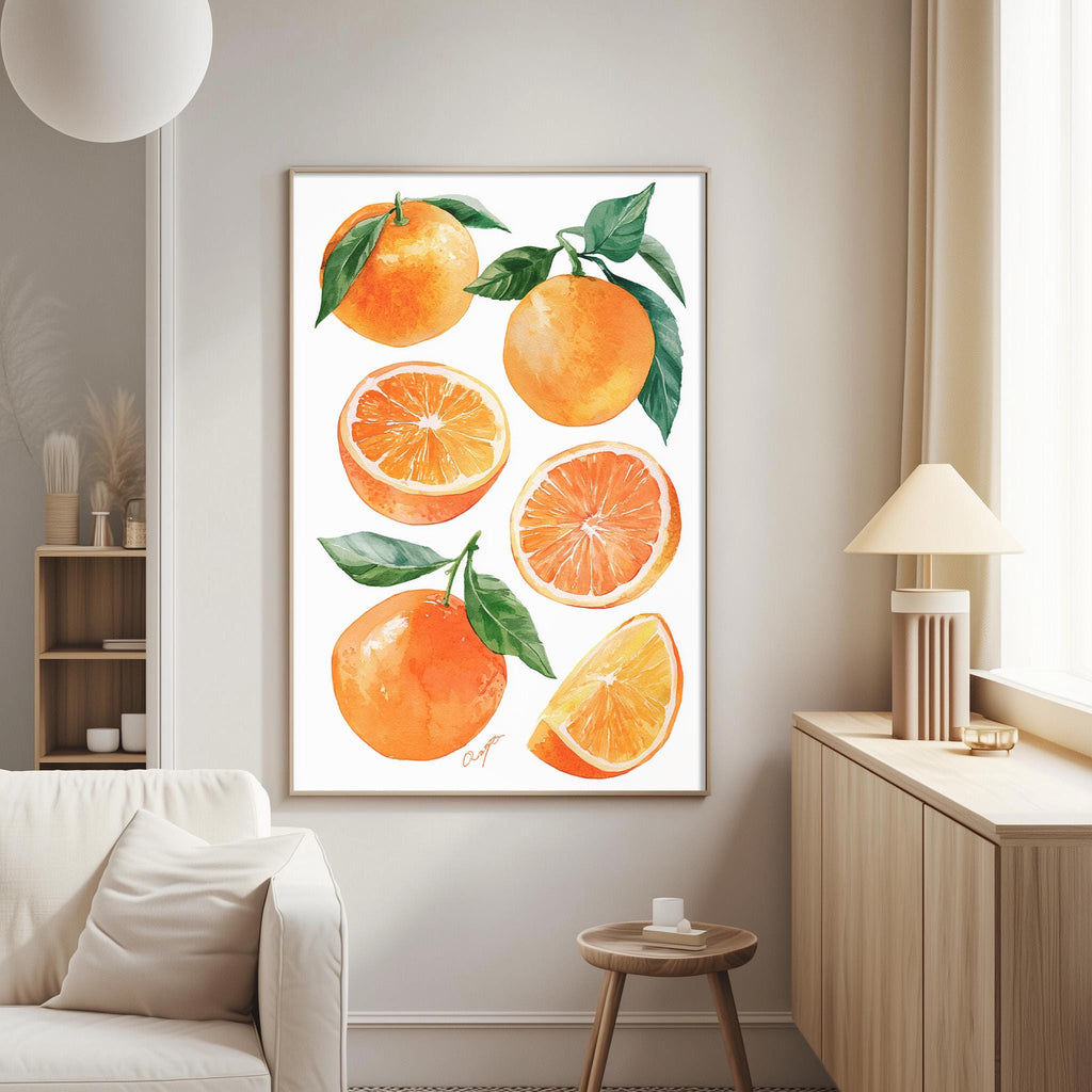 a living room with a white couch, a wooden side table, and a framed print of oranges hanging on the wall.
