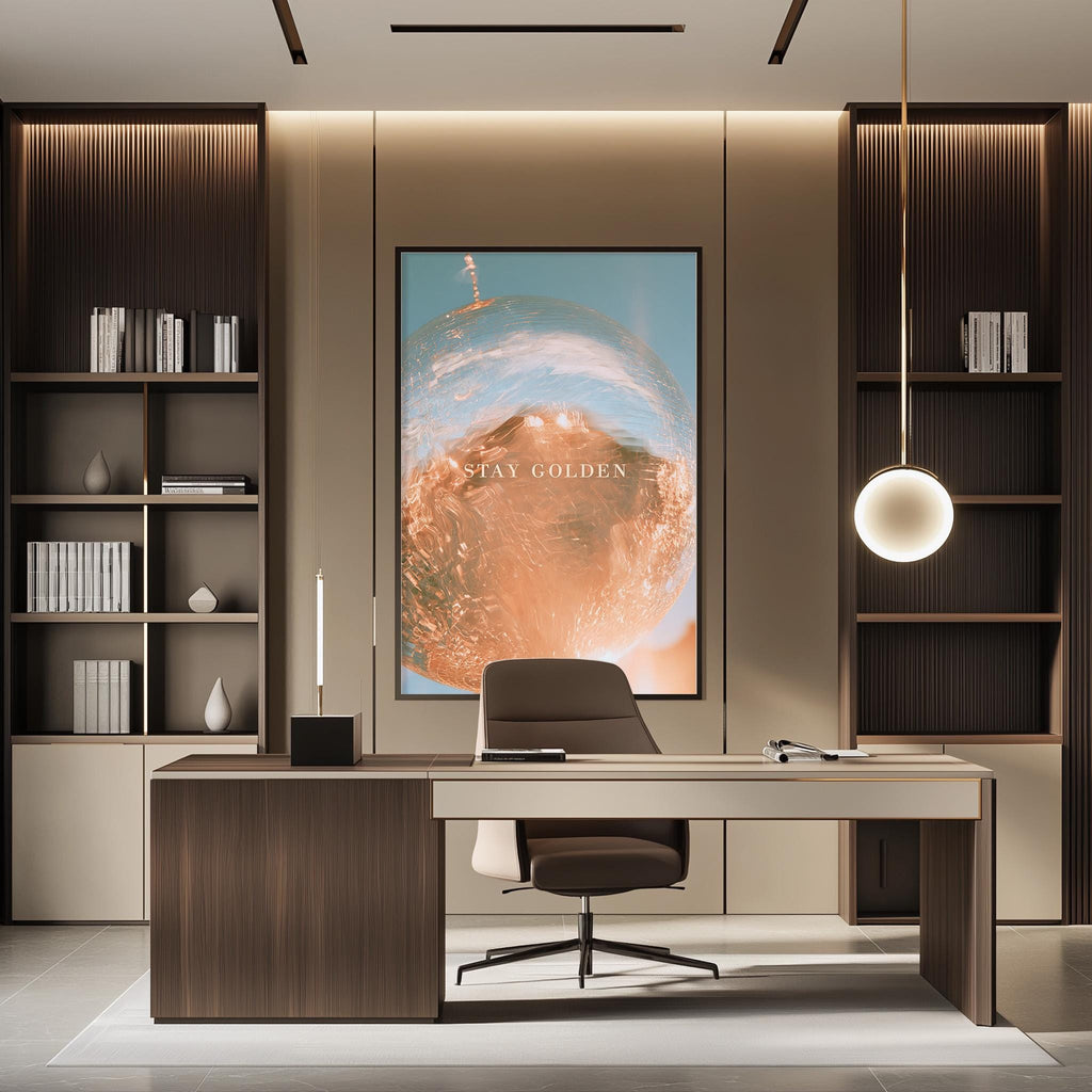 a modern and stylish office space with a large framed poster on the wall that says "STAY GOLDEN". The office features a wooden desk, a comfortable-looking chair, and a bookshelf filled with books. The overall design and decor create a professional and inviting atmosphere.