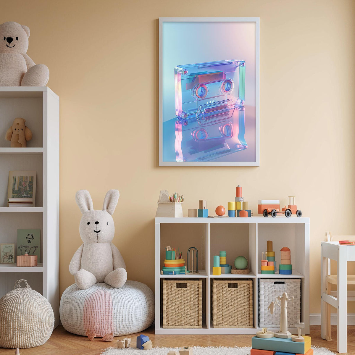 A cozy and colorful children's bedroom with a large stuffed rabbit, shelves filled with toys, and a framed abstract art piece on the wall.