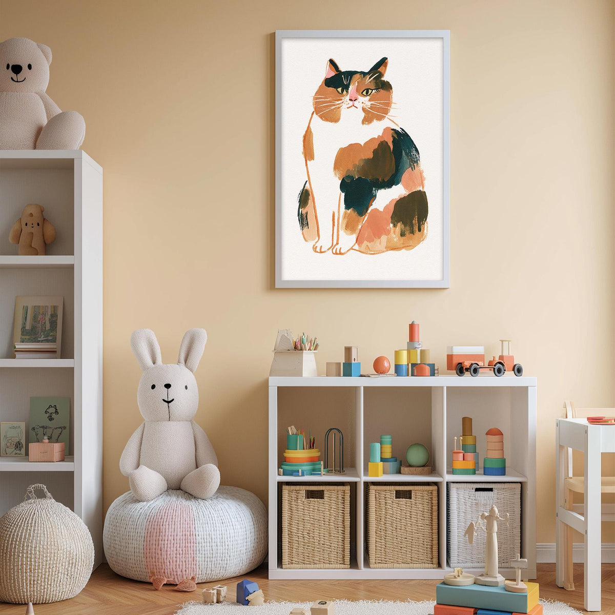 A cozy children's room with a large framed cat illustration on the wall, a white bookshelf filled with toys, and a plush rabbit sitting on a bean bag chair.