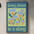 a kitchen counter with a framed poster of flowers hanging above it, along with various kitchen items such as a cutting board, a soap dispenser, and a bottle.