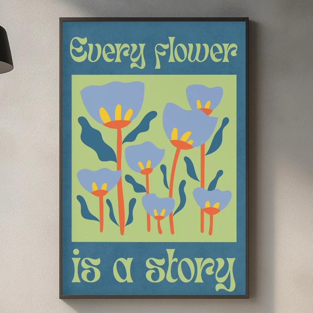 a kitchen counter with a framed poster of flowers hanging above it, along with various kitchen items such as a cutting board, a soap dispenser, and a bottle.