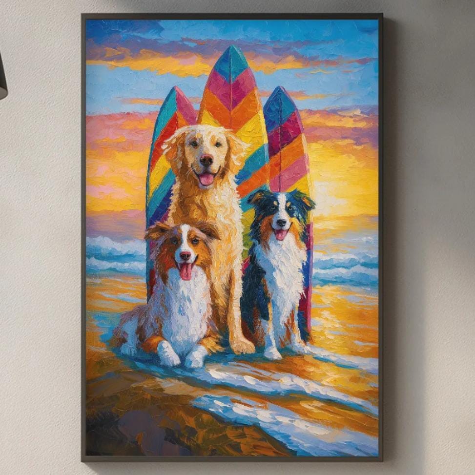 a vibrant painting of three dogs sitting on a beach, with surfboards in the background, creating a lively and colorful scene.