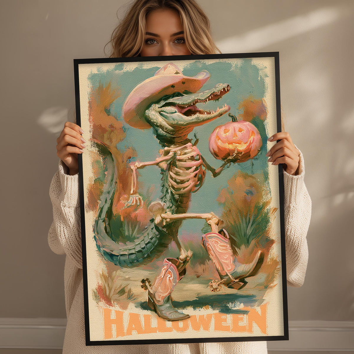 A woman is holding up a framed poster featuring a skeleton with a pumpkin in its mouth, surrounded by a colorful, whimsical scene.
