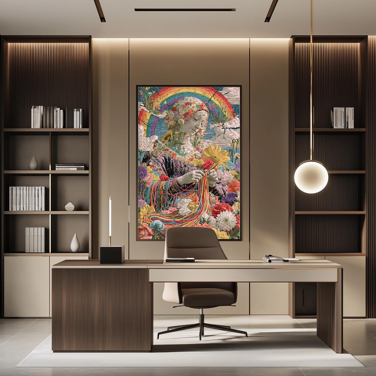 a modern and stylish office space with a large, colorful painting of a woman surrounded by flowers and a rainbow as the focal point. The office features a wooden desk, a comfortable chair, and a bookshelf filled with books and decorative items. The overall design and decor create a warm and inviting atmosphere.