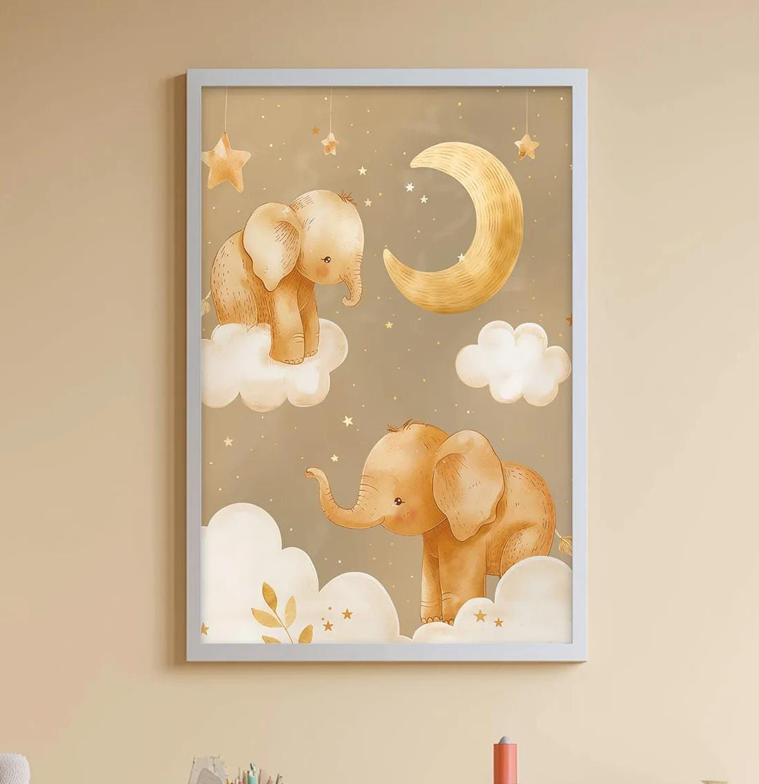 A cozy and colorful children's bedroom with a large stuffed bunny, a bookshelf, and a toy chest filled with various toys. The walls are painted a light peach color, and a framed picture of elephants and a crescent moon hangs above the bed.