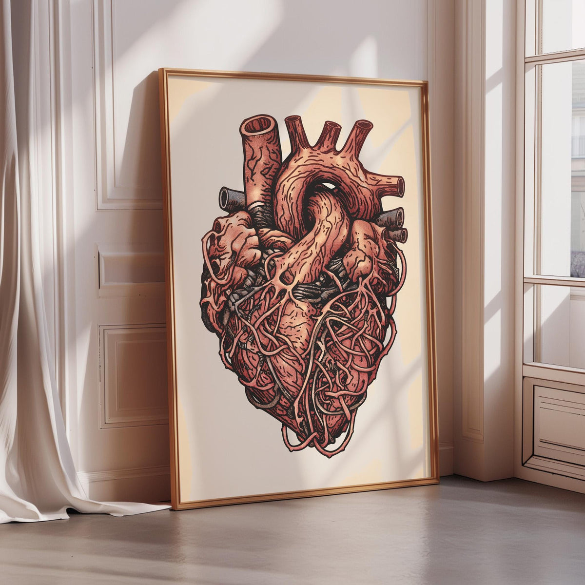 a large, detailed illustration of a human heart, which is the central focus of the scene.