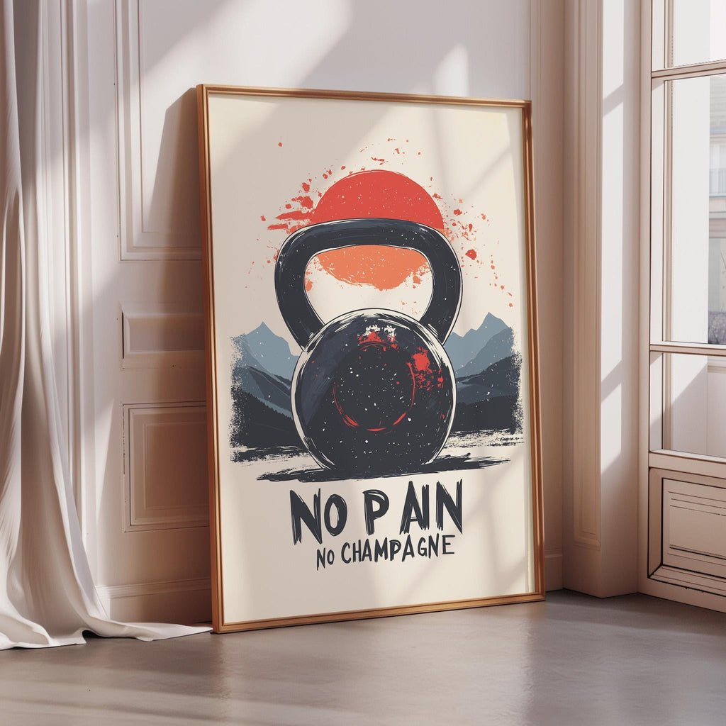 a poster with a kettlebell and a sun-like symbol, along with the text "NO PAIN NO CHAMPAGNE".