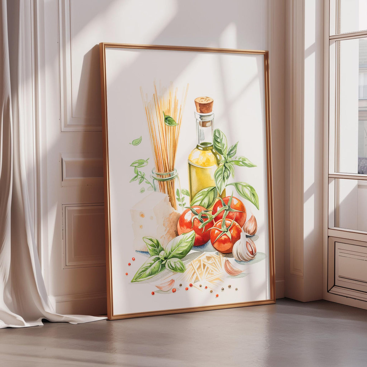 A framed illustration of various Italian food items, including tomatoes, basil, garlic, and olive oil, arranged on a table.