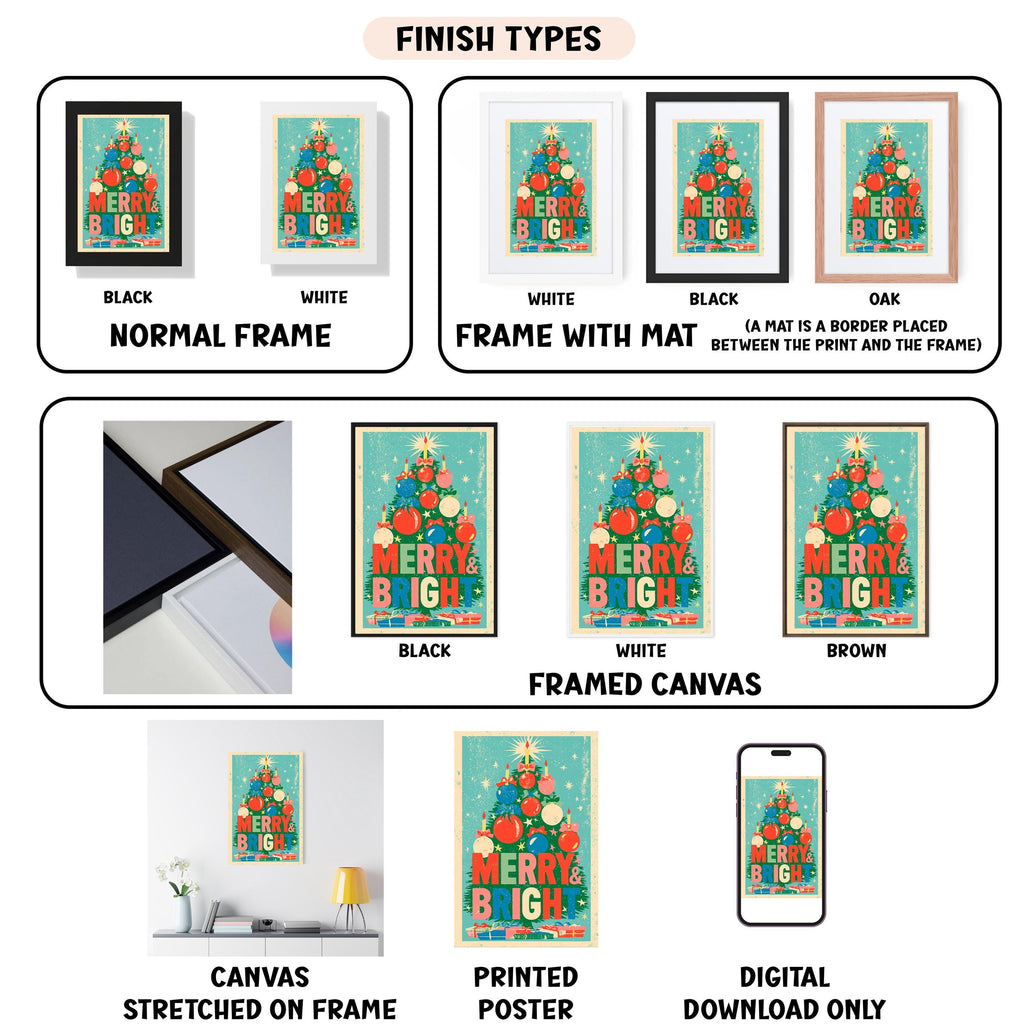 various types of framed artwork, including a Christmas tree poster, a framed canvas, and a printed poster. The artwork is presented in different frame colors and styles, such as black, white, and brown. The image also includes a digital download option for the artwork.
