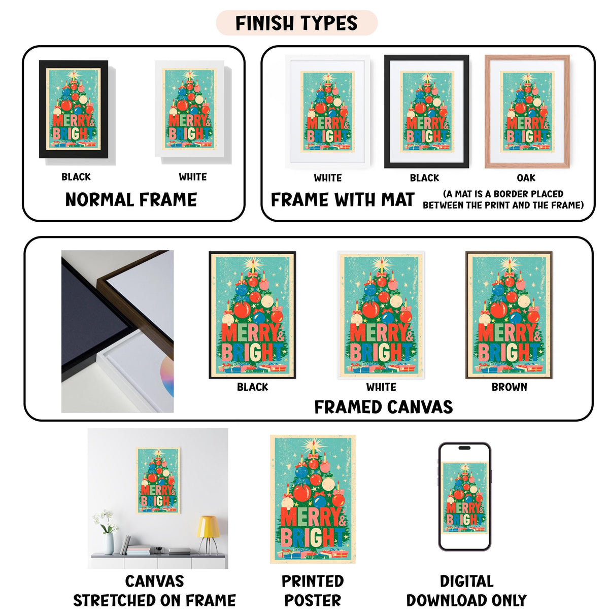 various types of framed artwork, including a Christmas tree poster, a framed canvas, and a printed poster. The artwork is presented in different frame colors and styles, such as black, white, and brown. The image also includes a digital download option for the artwork.