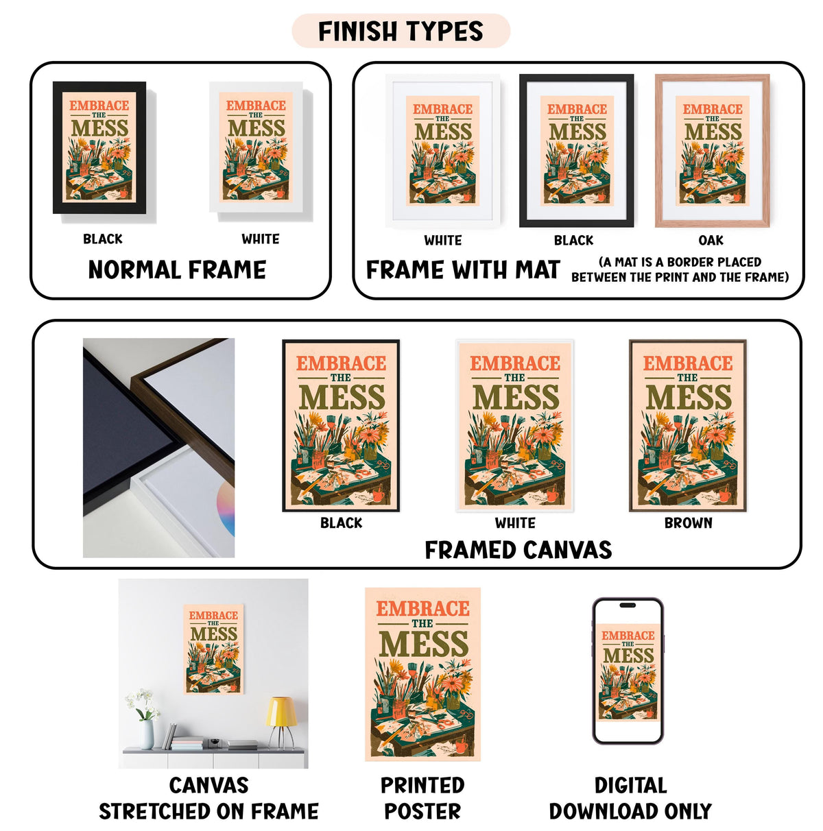 various types of artwork, including framed prints, canvas prints, and digital posters, all featuring the same design and theme.