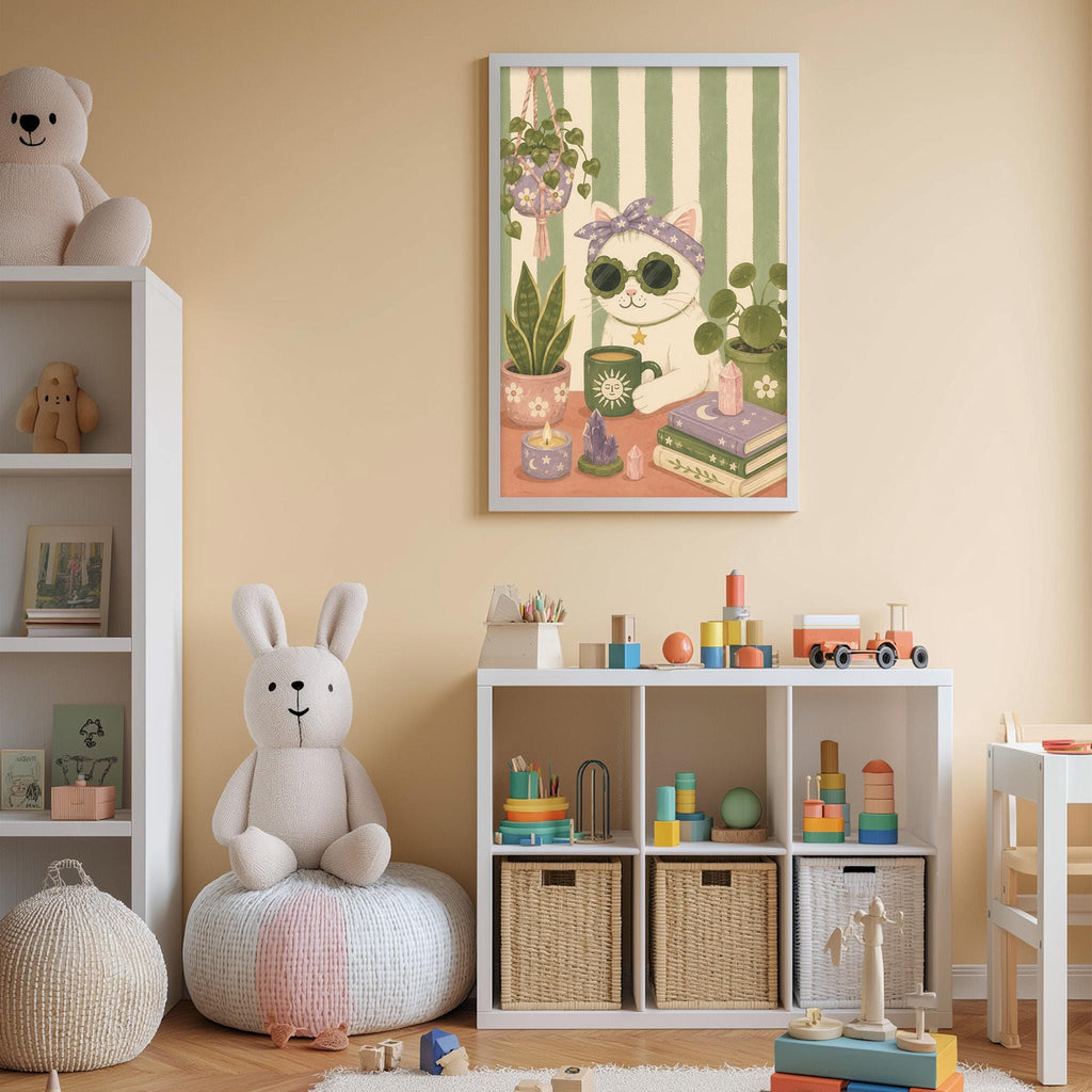 A cozy and colorful children's bedroom with a bookshelf, a stuffed rabbit, and a toy train. The walls are painted a light peach color, and there is a framed picture of a cat and a plant on the wall.