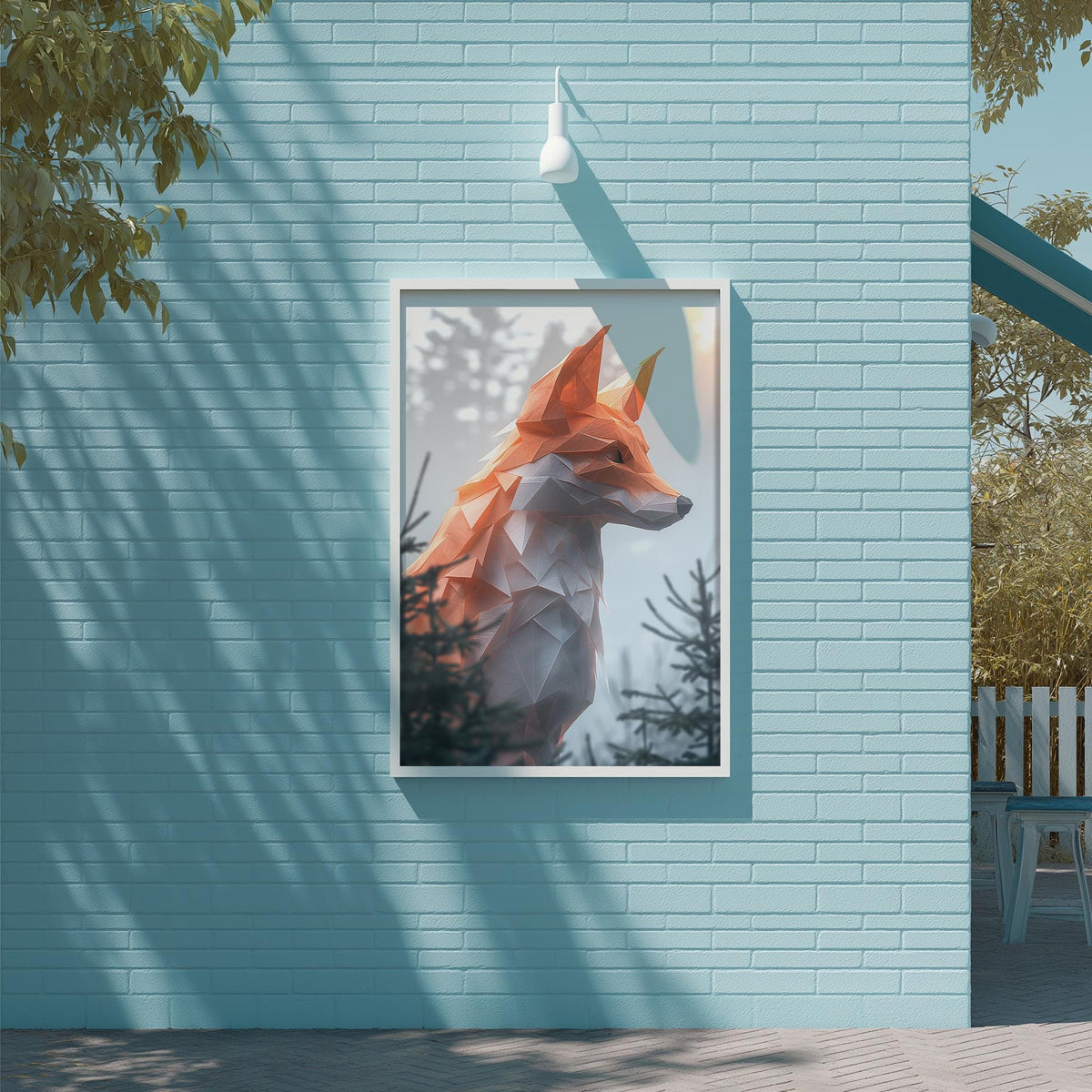 a framed artwork of a fox on a blue brick wall, with a tree and a light fixture above it.