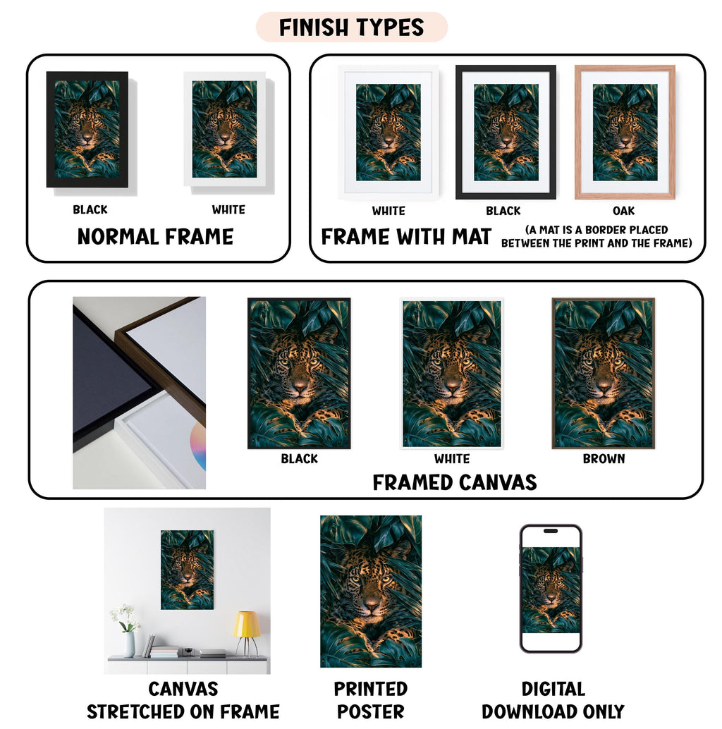 various types of framed artwork, including a close-up of a leopard, a framed canvas, and a stretched canvas. The artwork is presented in different frame colors and styles, such as black, white, and brown. The image also includes a digital download option for the artwork.