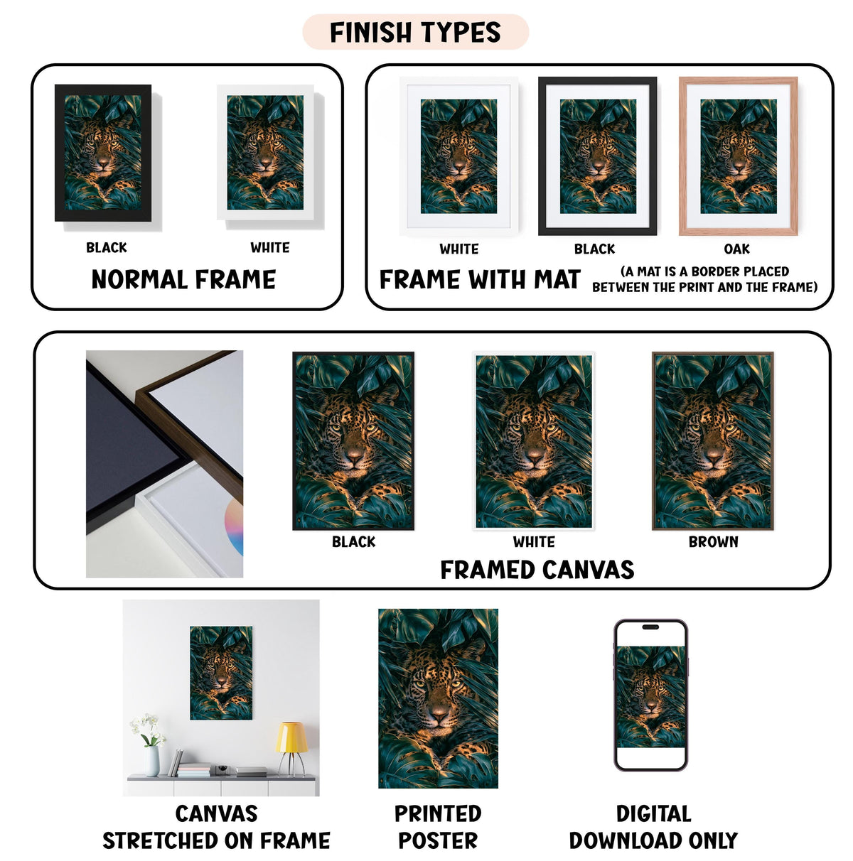 various types of framed artwork, including a close-up of a leopard, a framed canvas, and a stretched canvas. The artwork is presented in different frame colors and styles, such as black, white, and brown. The image also includes a digital download option for the artwork.
