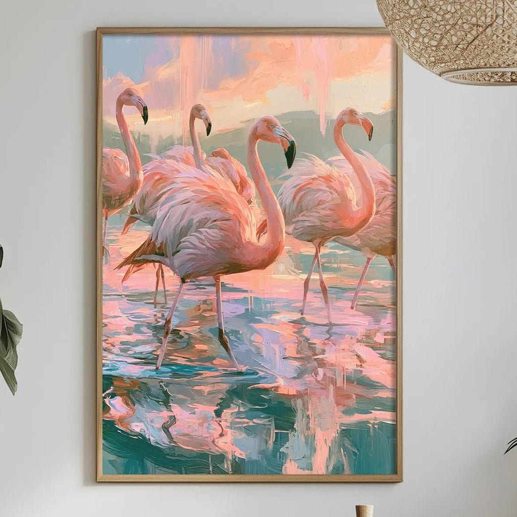 a framed painting of three flamingos standing in a body of water, surrounded by a serene and natural setting.