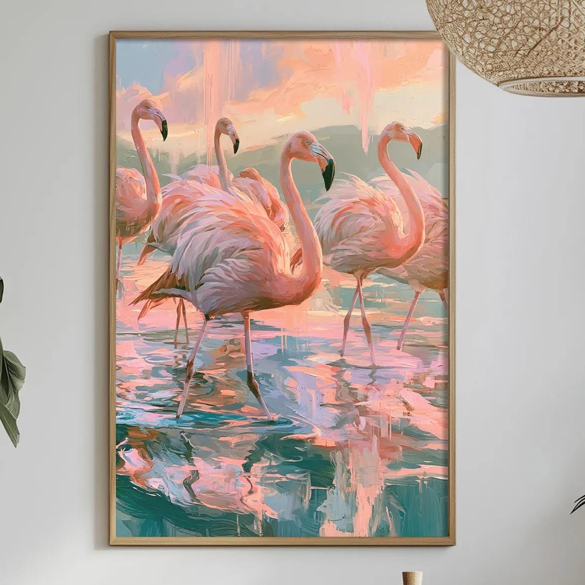 a framed painting of three flamingos standing in a body of water, surrounded by a serene and natural setting.