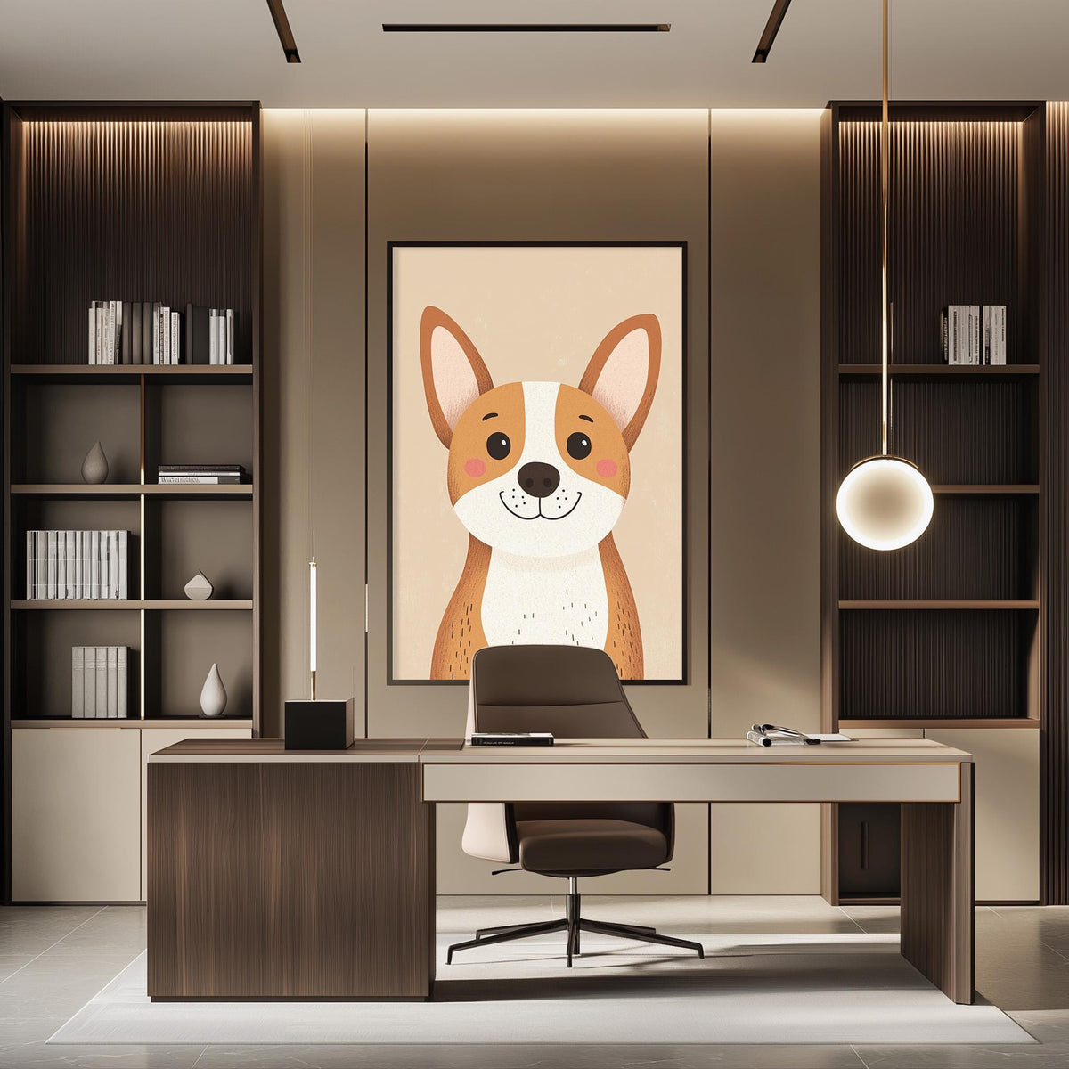 a modern office space with a large framed picture of a dog on the wall, a wooden desk with a chair, and built-in bookshelves.
