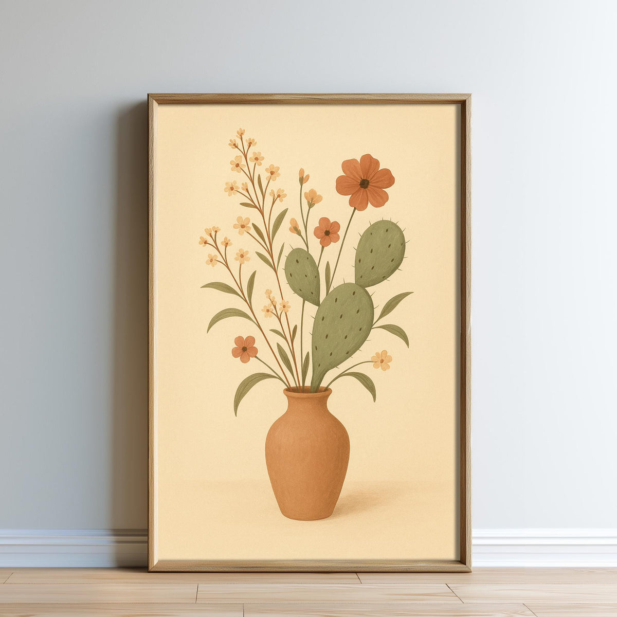 A framed print depicting a vase filled with flowers and cactus plants against a light yellow background.