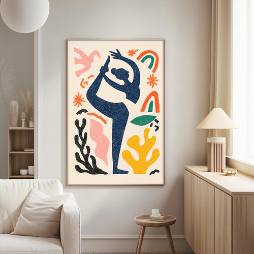 a vibrant abstract art piece with a woman in a yoga pose, surrounded by various colorful shapes and patterns.