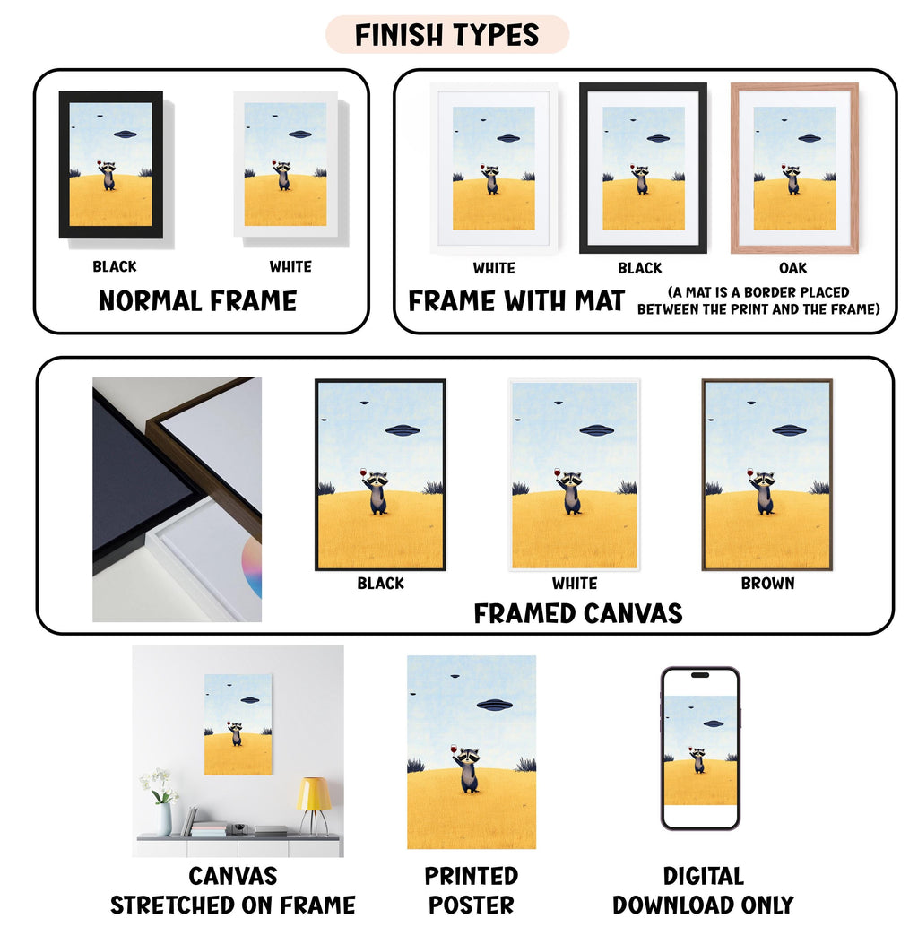 various types of framed artwork, including canvas stretched on a frame, framed canvas, and digital download only. The artwork displays different finishes, such as black, white, and brown, as well as different mat placements between the print and the frame. The image is a collage of multiple images, and the descriptions provided are not redundant and avoid vague wording.