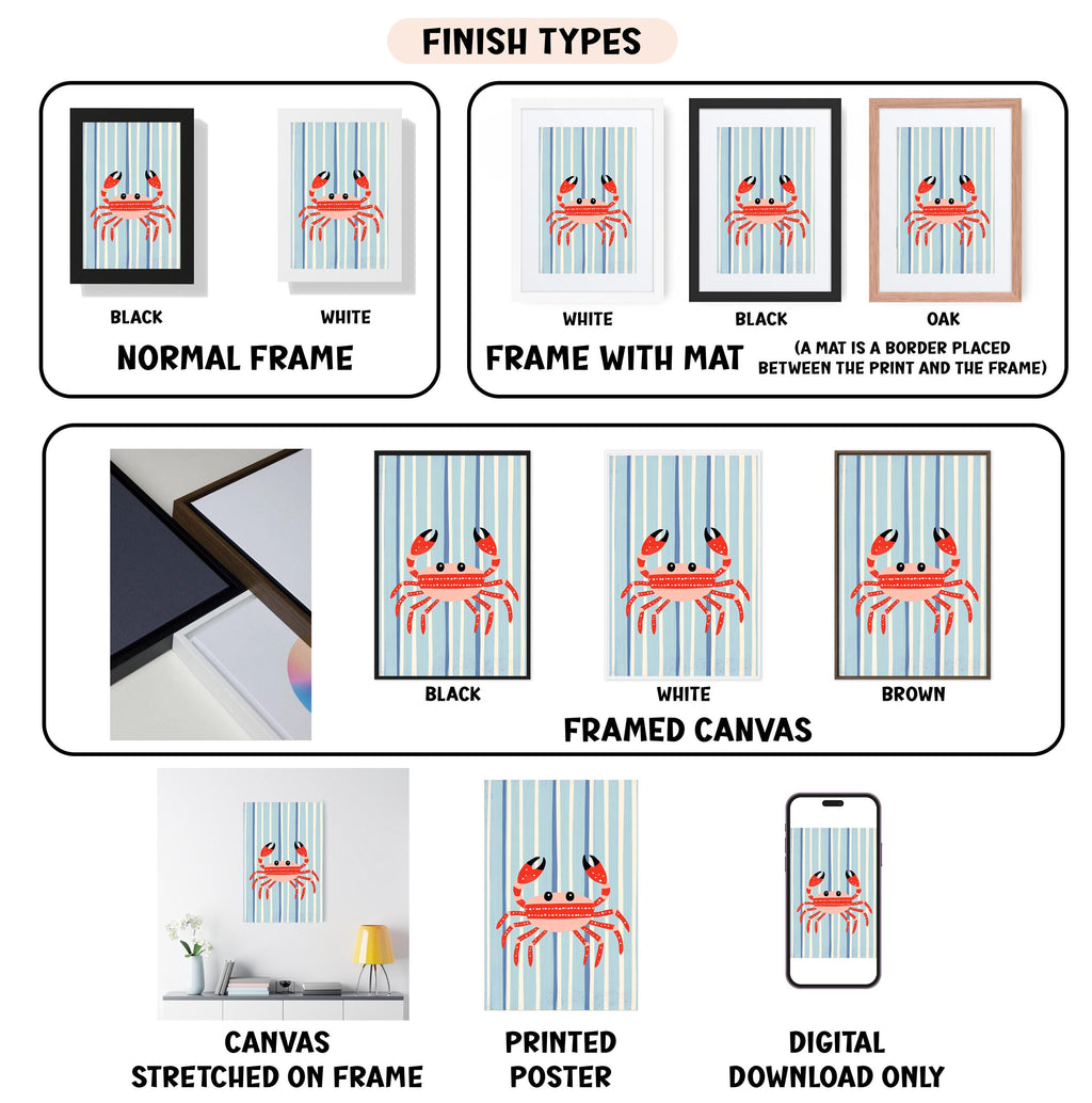 various finish types for framed artwork, including canvas, stretched on frame, framed canvas, printed poster, and digital download only.