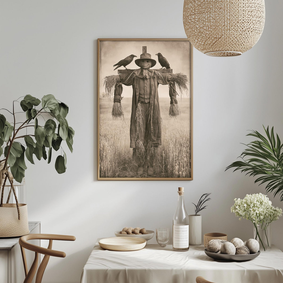 a framed black and white photograph of a scarecrow with a bird perched on its head, hanging on a wall above a table with various items on it.