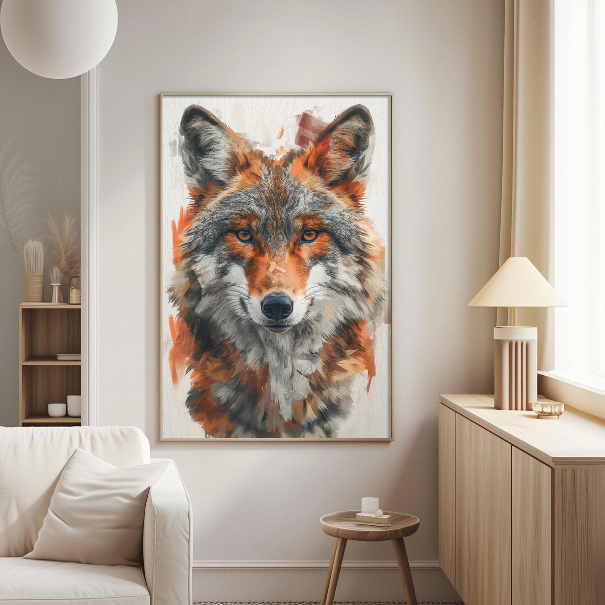 a large, colorful painting of a wolf's face hanging on a wall in a living room.