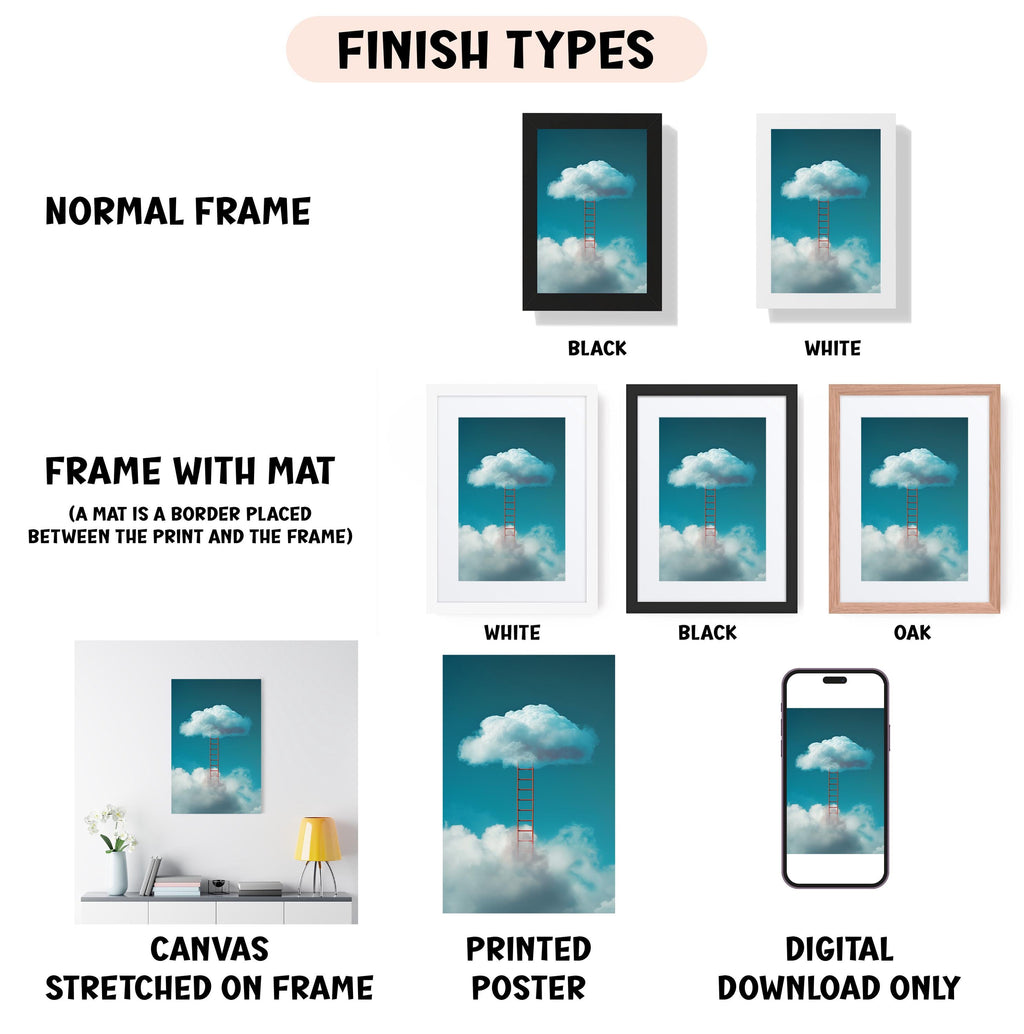 various types of artwork, including a normal frame, a frame with a mat, a white frame, a black frame, a white frame, a black frame, an oak frame, a canvas stretched on a frame, a printed poster, and a digital download only.