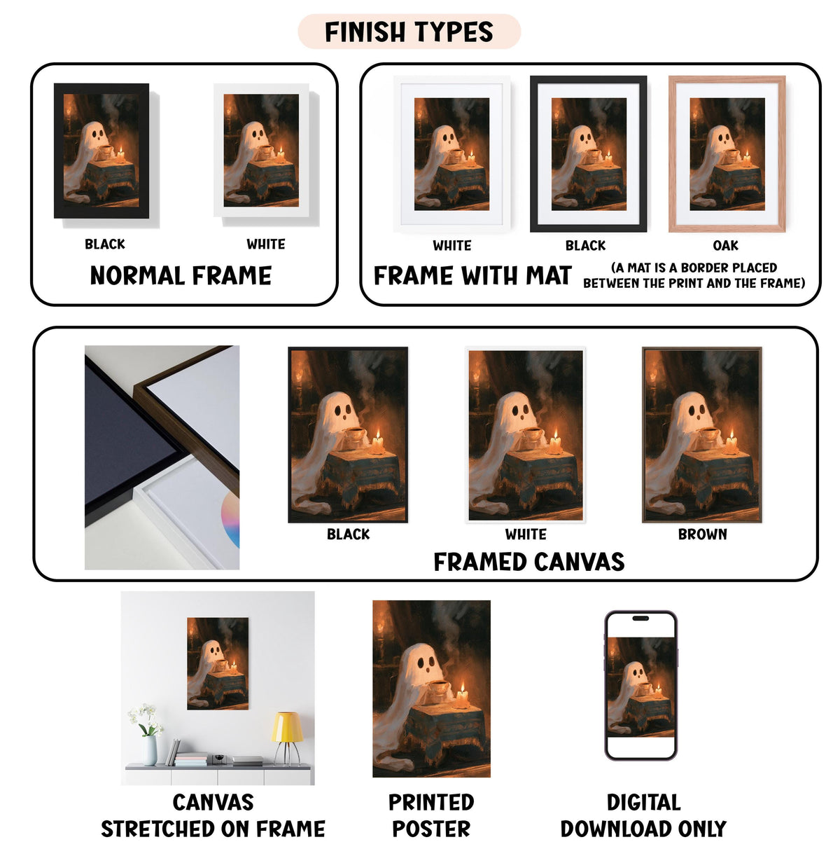 various finish types for a canvas print, including a normal frame, a frame with a mat, a black frame, a white frame, a black frame, a white framed canvas, a framed canvas, a stretched canvas, a printed poster, and a digital download only.