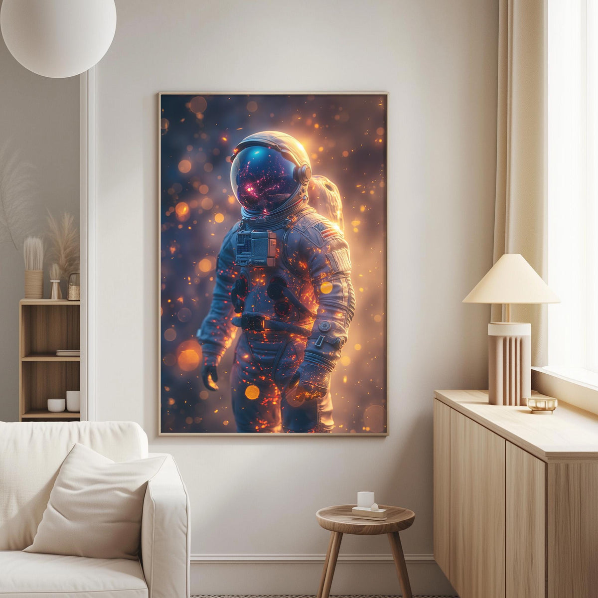 a large, colorful painting of an astronaut in a space suit, with a starry background and glowing lights, hanging on a wall in a living room setting.