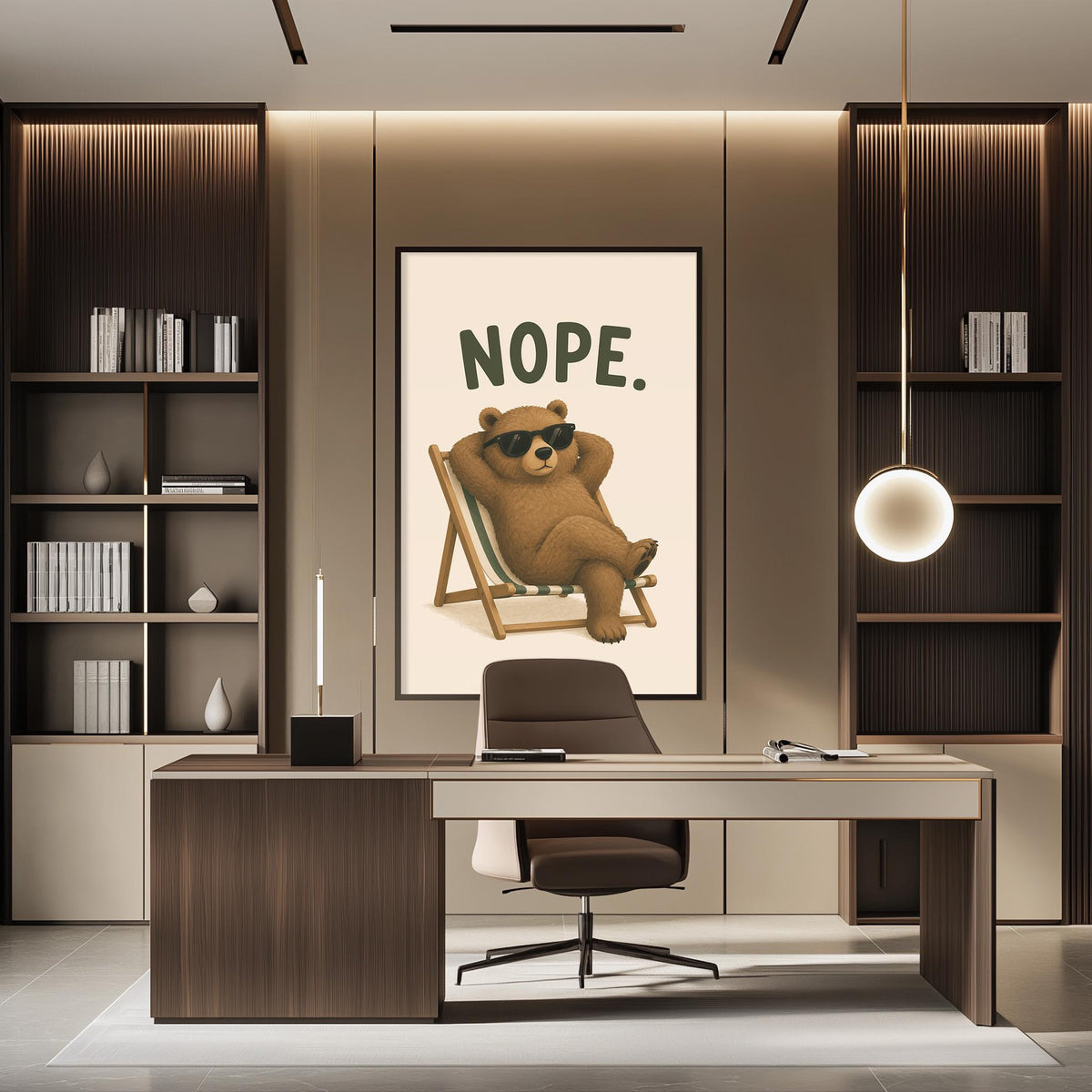 a modern office space with a large framed poster of a bear sitting in a lounge chair with sunglasses on its face, accompanied by the word "NOPE."