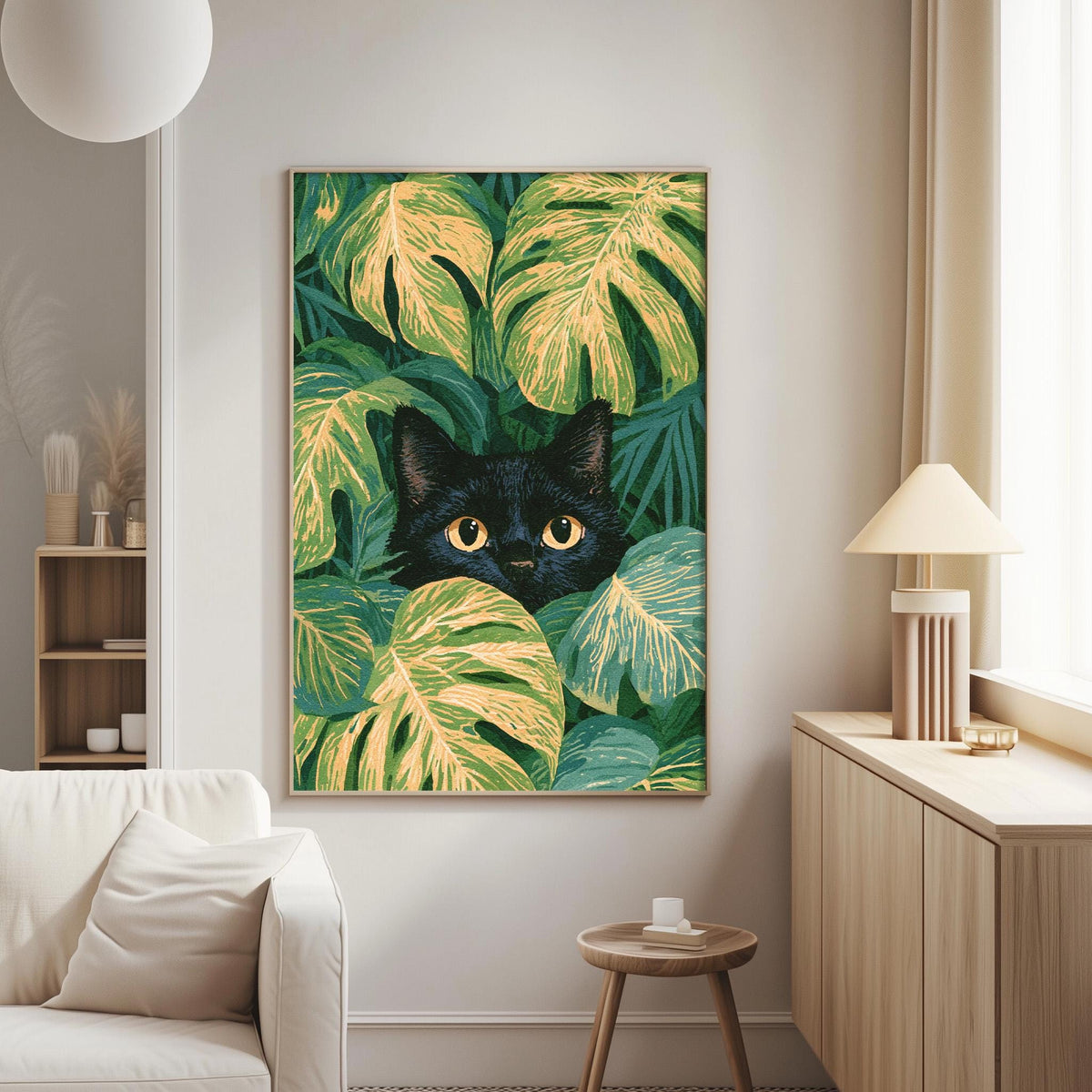 a black cat peeking out from behind a large green leafy plant, creating a whimsical and playful scene.