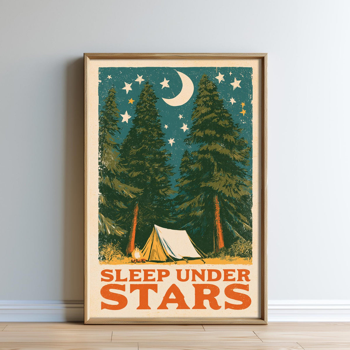 The image is a framed poster depicting a camping scene with a tent, trees, and a crescent moon in the night sky.