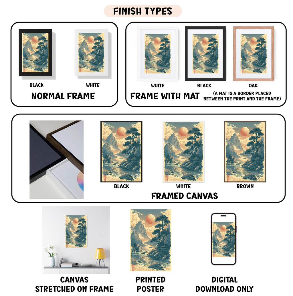 various types of artwork, including framed prints, canvas prints, and digital versions, each with different finishes and mat colors.