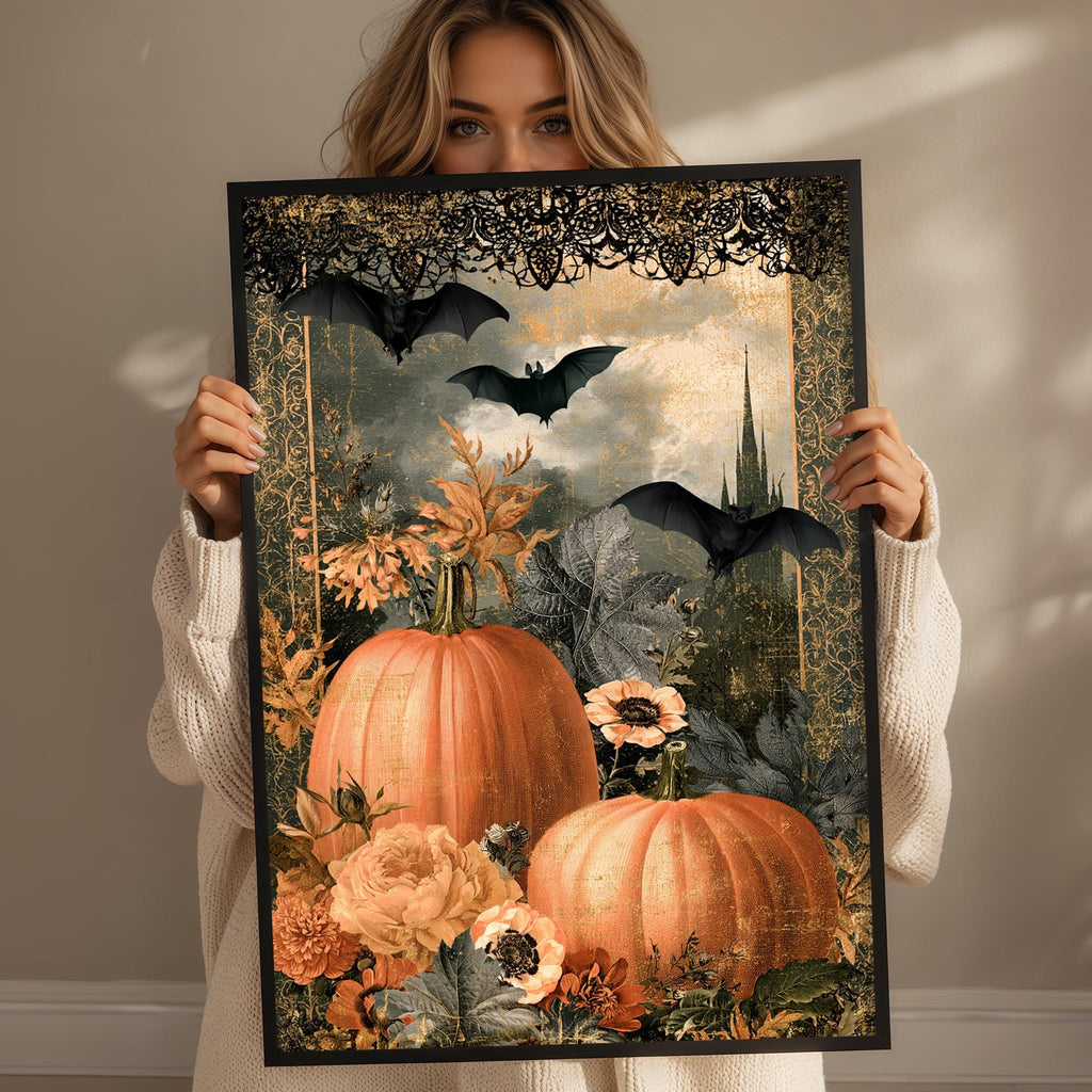 A woman holds up a framed print featuring a Halloween-themed illustration of pumpkins, flowers, and bats.