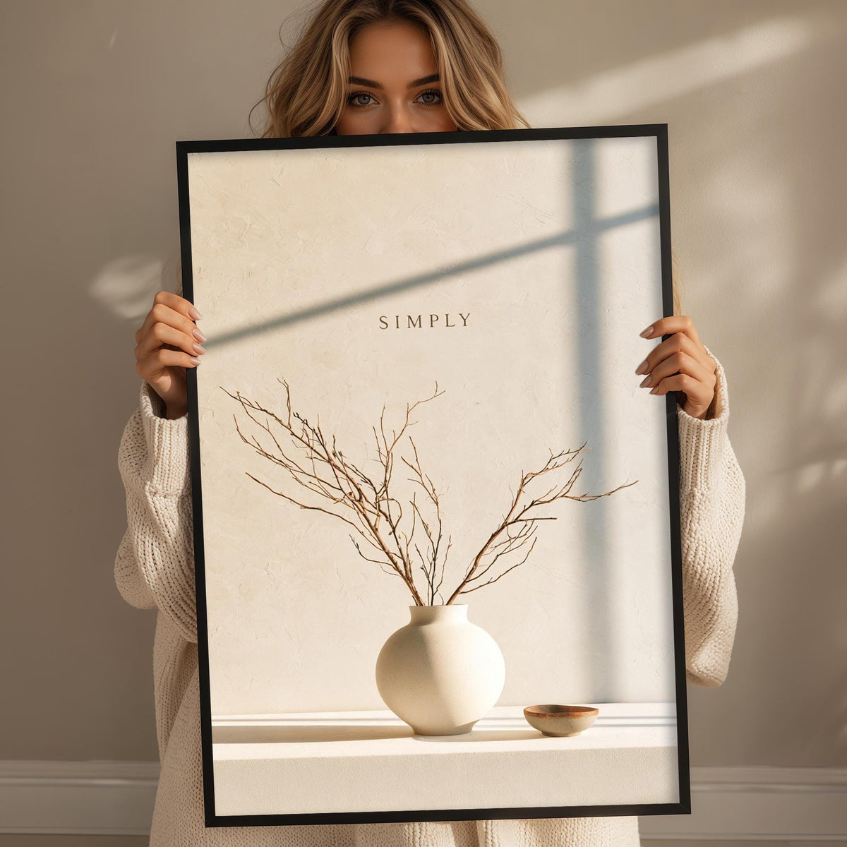 A woman holding a framed print with a vase of branches and a bowl on a shelf.