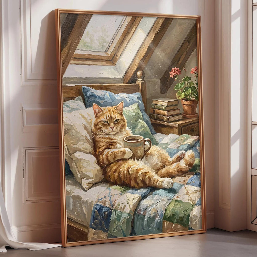 A framed painting depicting a cat sitting on a bed, holding a cup and surrounded by a cozy, homely atmosphere.